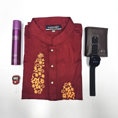 Cotton Printed Punjabi + Premium Watch + Leather Wallet + Body Spray + And Digital Counter Tasbih Combo Pack